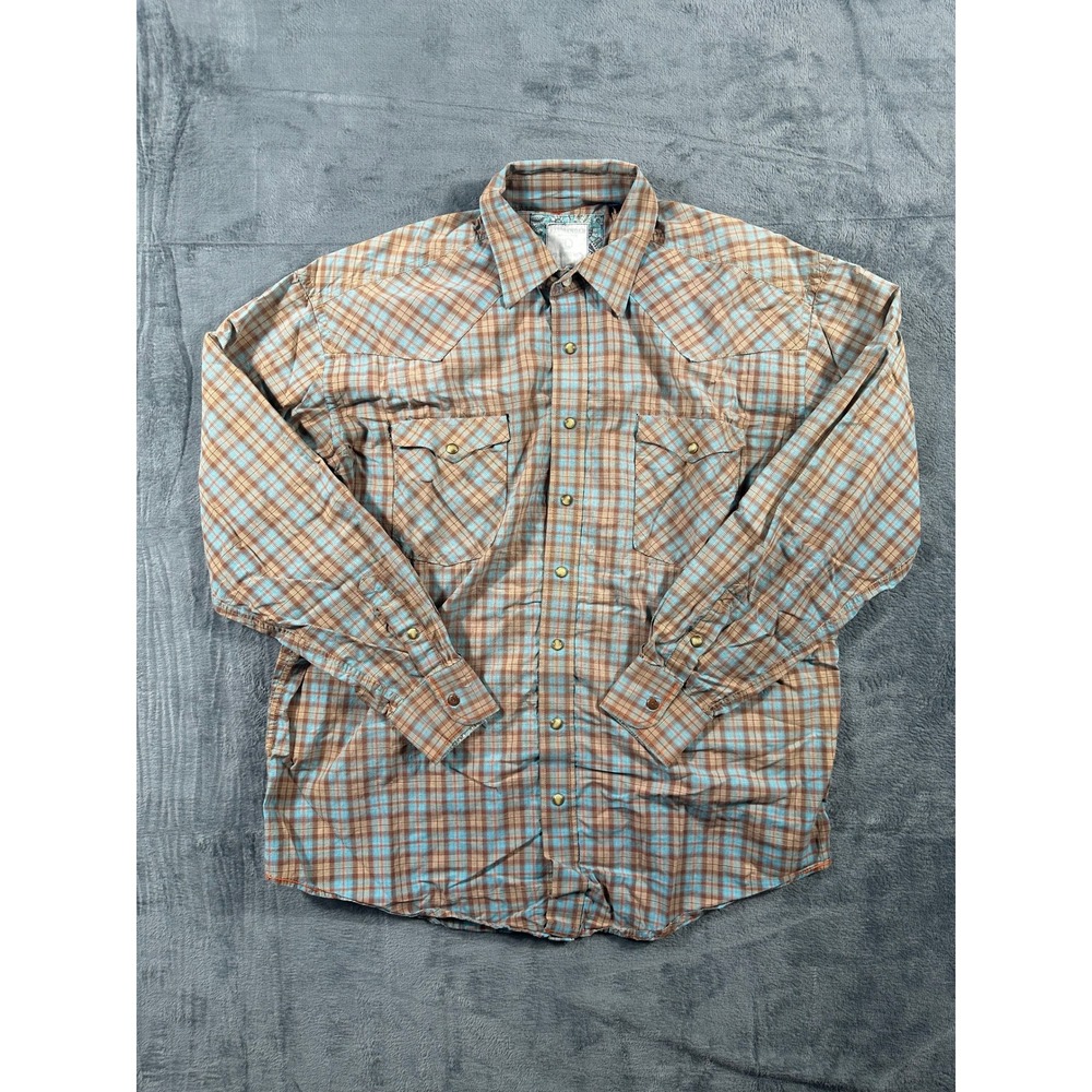 Panhandle Rough Stock Mens Large Blue Brown Plaid Western Pearl Snap Shirt